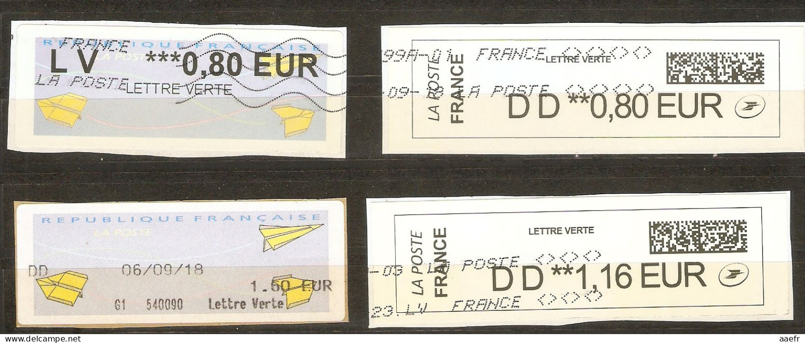 France -  Petit Lot De 4 Vignettes ATM Type Avions En Papier - Lettres Vertes - 3 DD + 1 LV - 2 QR Codes - 2000 Type « Avions En Papier »