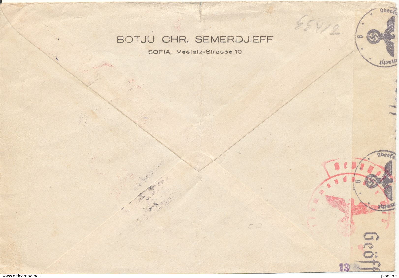 Bulgaria Nazi Censored Cover Sent To DDR 7-7-1942 Single Franked A Small Tear At The Top Of The Cover - Covers & Documents