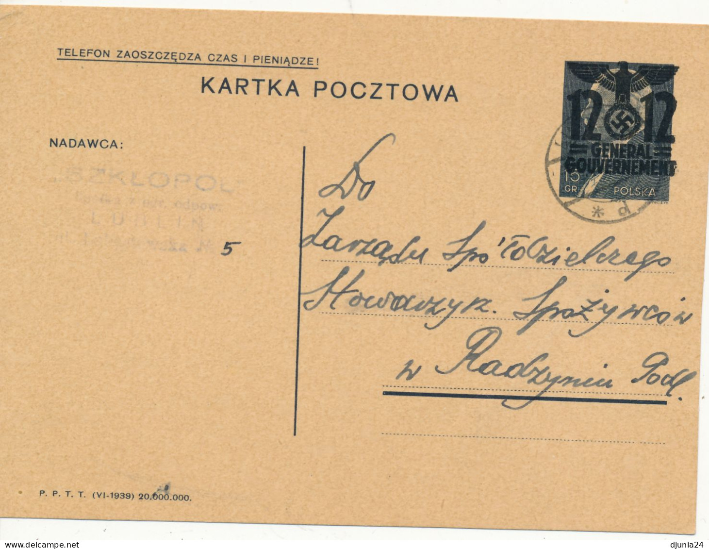 BF0090 / POLEN / POLSKA   -  LUBLIN  -  2. VII. 40  -  GENERAL GOUVERNEMENT  -  Michel P3 II - Gouvernement Général