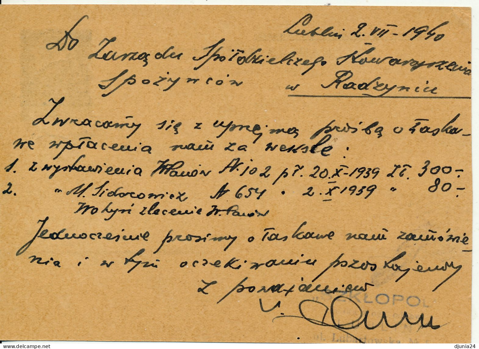 BF0090 / POLEN / POLSKA   -  LUBLIN  -  2. VII. 40  -  GENERAL GOUVERNEMENT  -  Michel P3 II - Algemene Overheid