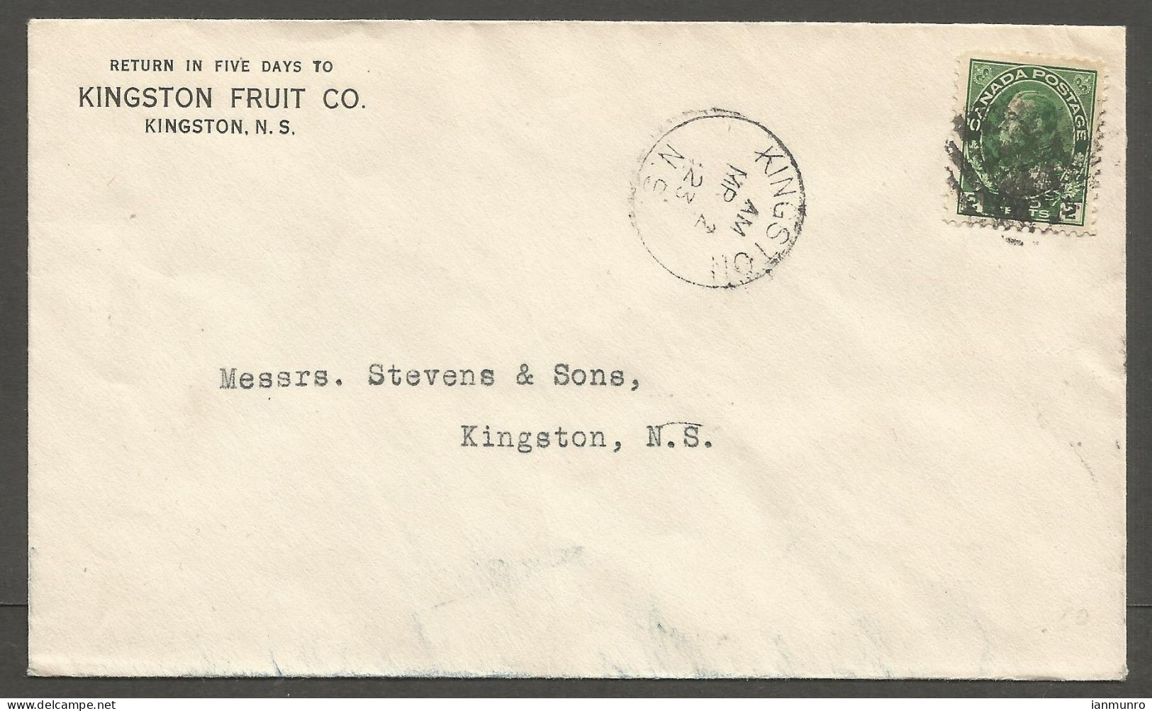 1923 Kingston Fruit Co Corner Card Cover 2c Admiral CDS Kingston Nova Scotia - Historia Postale