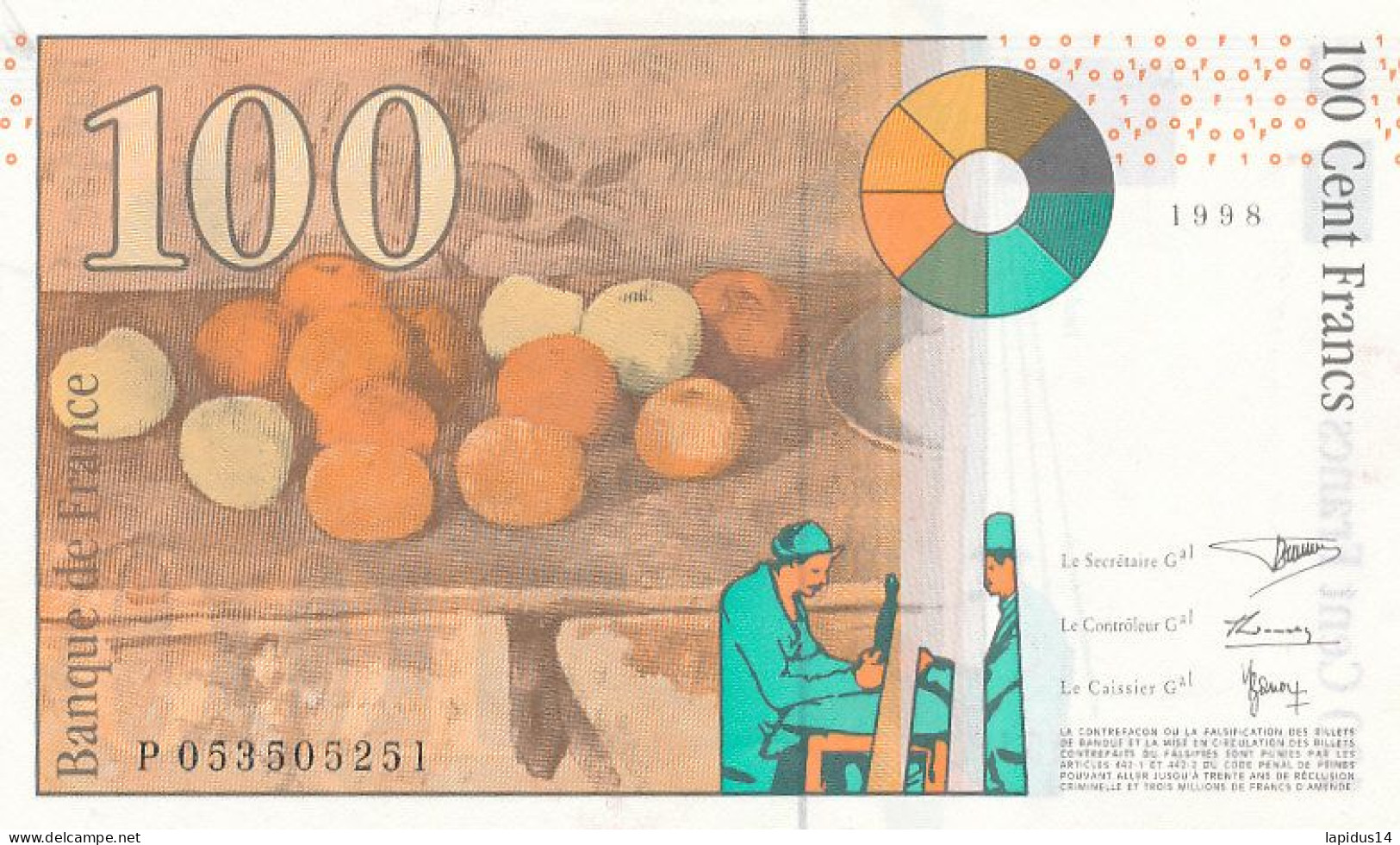 BILLET FRANCAIS  100 FRANCS  CEZANNE 1998  P 053505251 - 500 F 1994-2000 ''Pierre En Marie Curie''