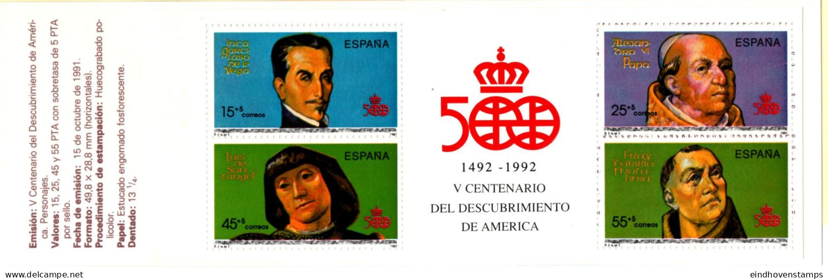 Spain 1991 Discovery Of America Unfolded Stamp Booklet MNH De La Vega, Pope Alexander VI, Santangel, De Parades - Carnets