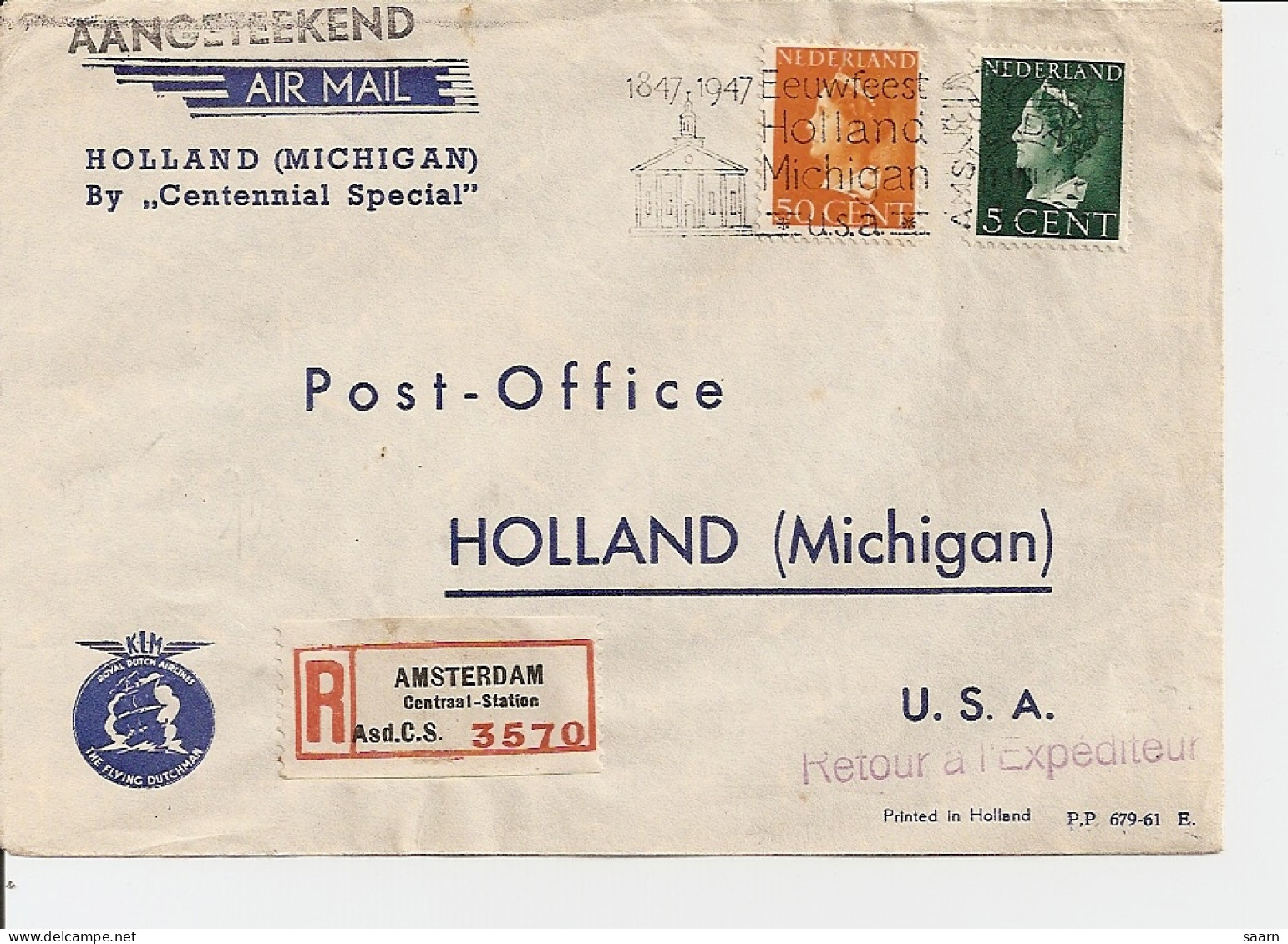 Niederlande 442 MiF 50+5 Ct Luftpost- R-Brief N. USA 1947 Verwendet - Poste Aérienne