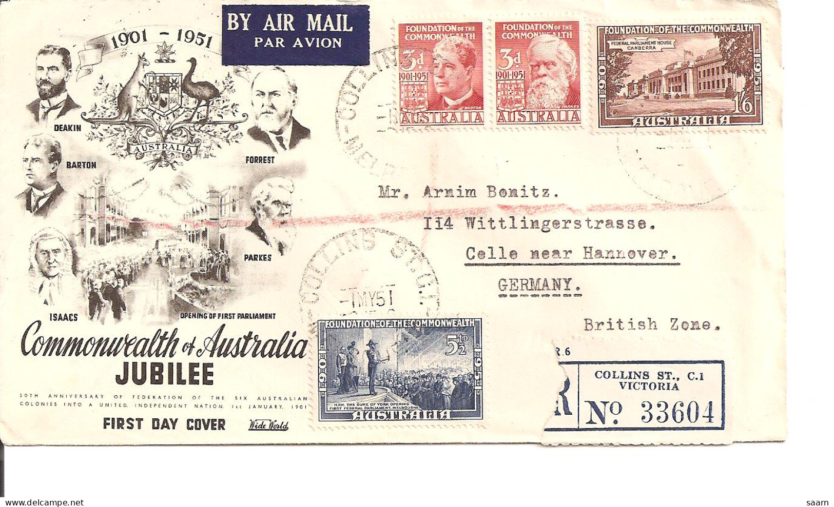 Australien 209-12  MiF -  Luftpost-Bedarfsbrief  Einschreiben Von Collins Nach Celle - Briefe U. Dokumente