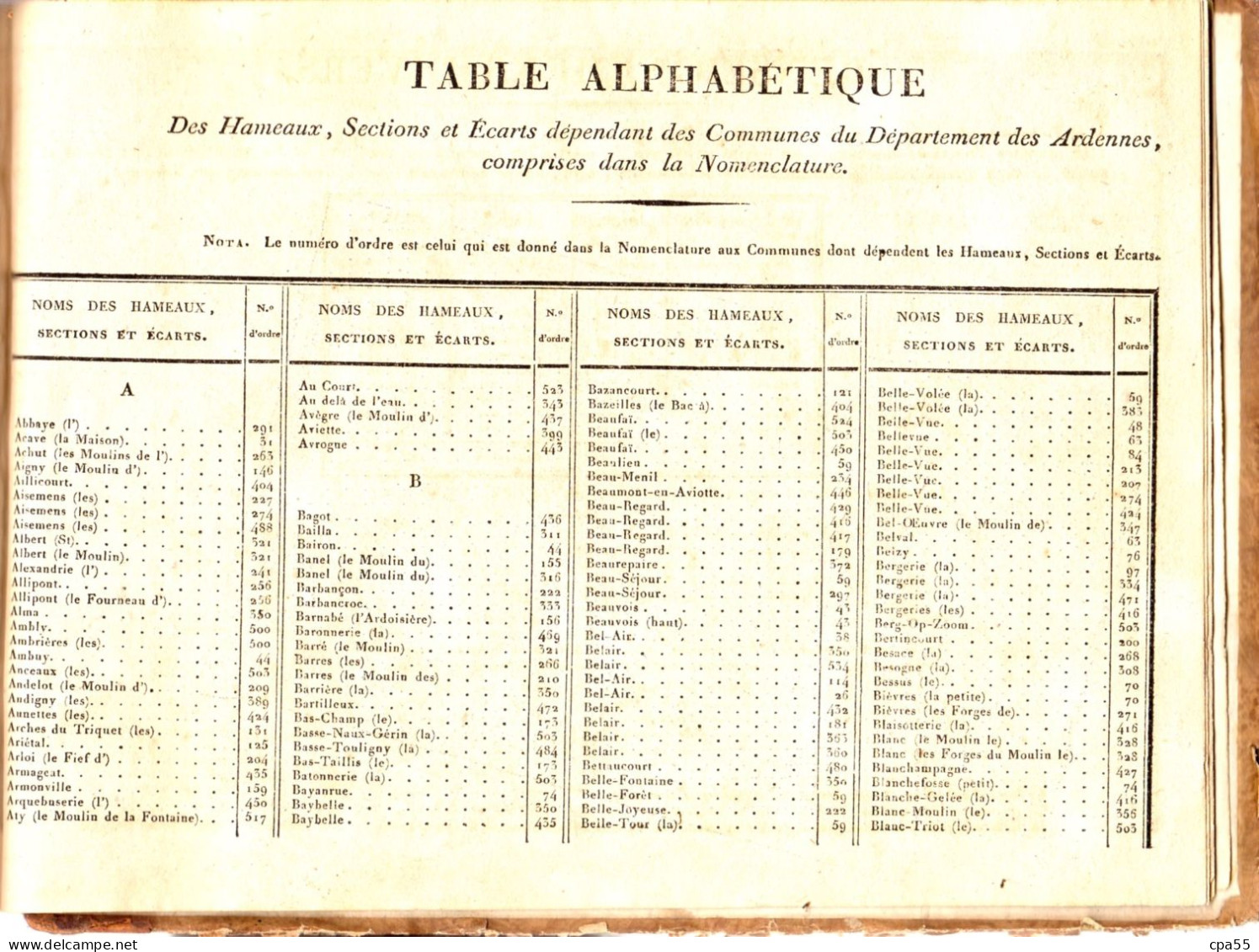 ARDENNES  -  Nomenclature Générale des Communes avec leurs dépendances  -  Recensement de 1823  -  Rarissime