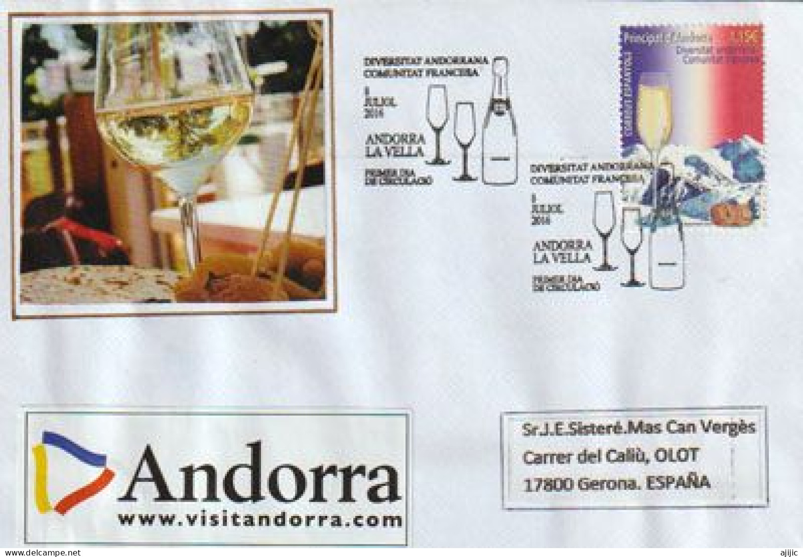 ANDORRA. Hommage à La Communauté Française D'Andorre. Lettre FDC Année 2016 Adressée En Espagne - Vins & Alcools