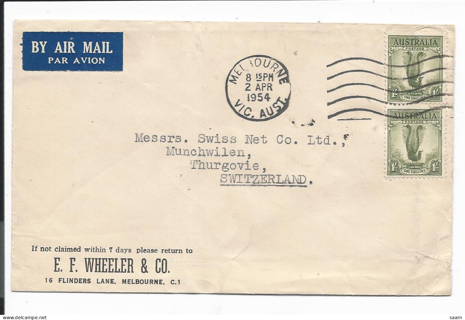 Motiv Tiere -Pfaue Auf Luftpostbrief 148 MeF 1954 Von Melbourne Australien In Die Schweiz - Paons