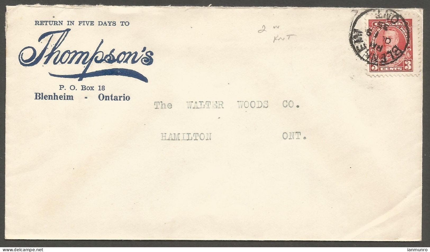 1935 Thompson's Corner Card Cover 3c GV Pictorial CDS Blenheim Ontario - Historia Postale