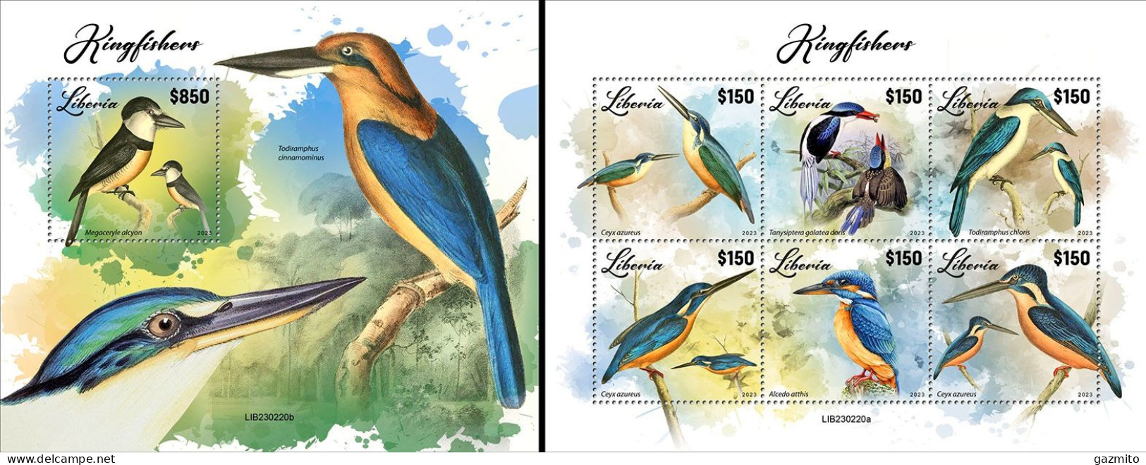 Liberia 2023, Animals, Kingfisher, 6val In BF +BF - Marine Web-footed Birds