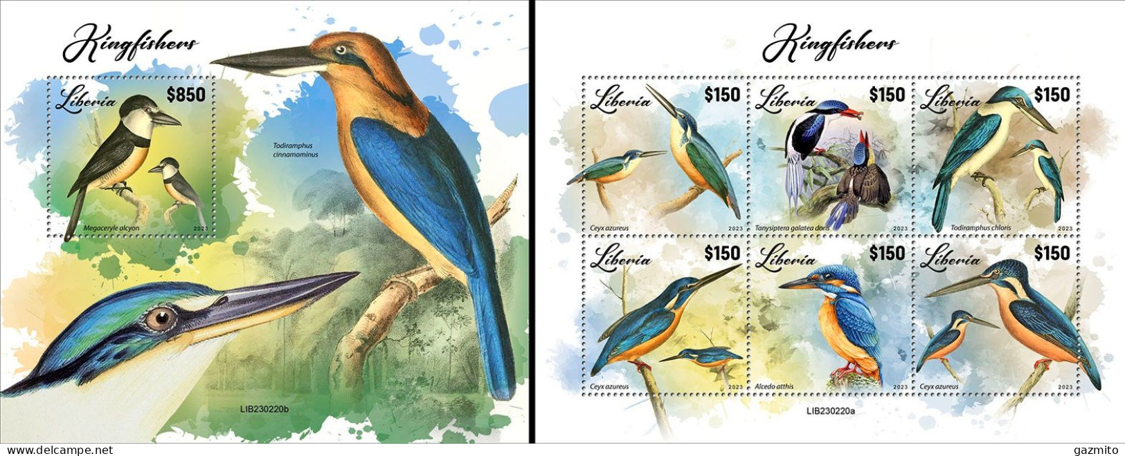 Liberia 2023, Animals, Kingfisher, 6val In BF +BF - Albatros