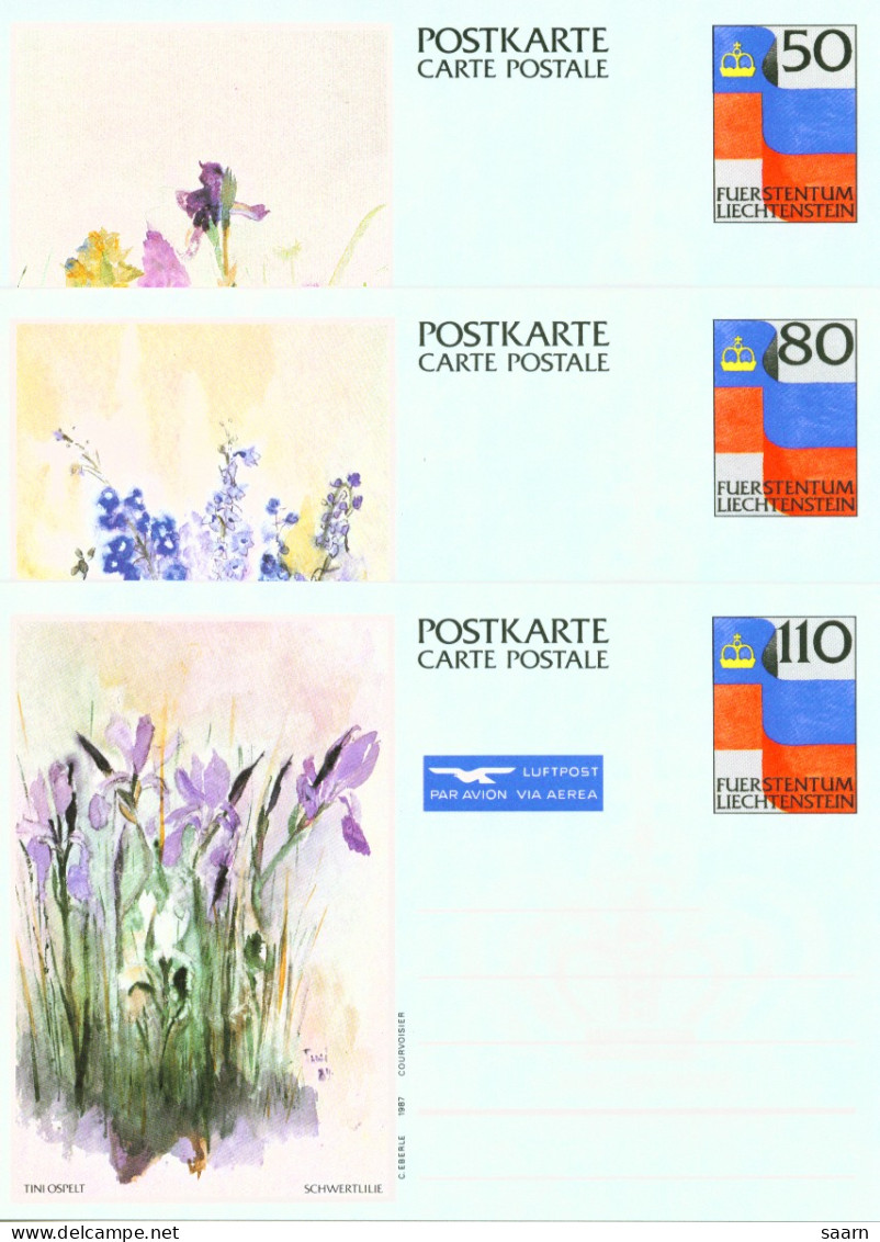 Liechtenstein P 85 - 87 ** - Serie Von 3 Ganzsachen, Motiv Blumen - Stamped Stationery