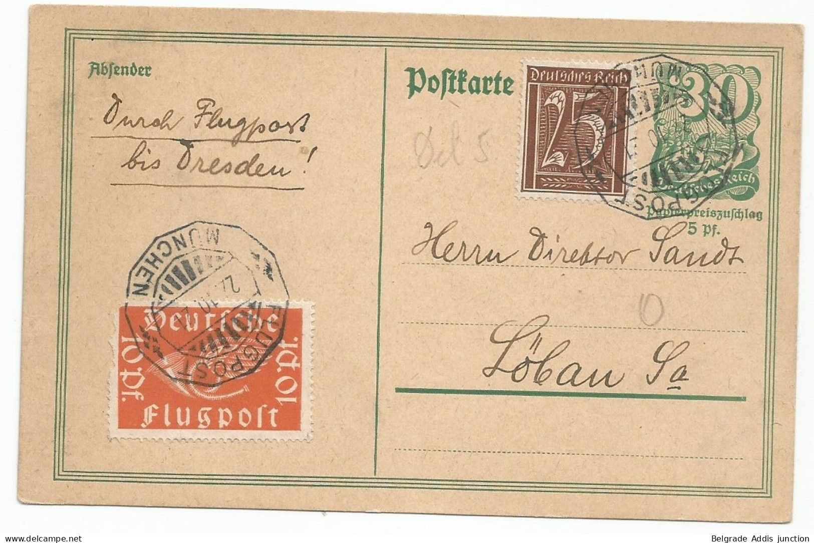 DR Deutschland Germany Postal Stationery Flugpost Nürnberg - Dresden 1921 - Luchtpost & Zeppelin