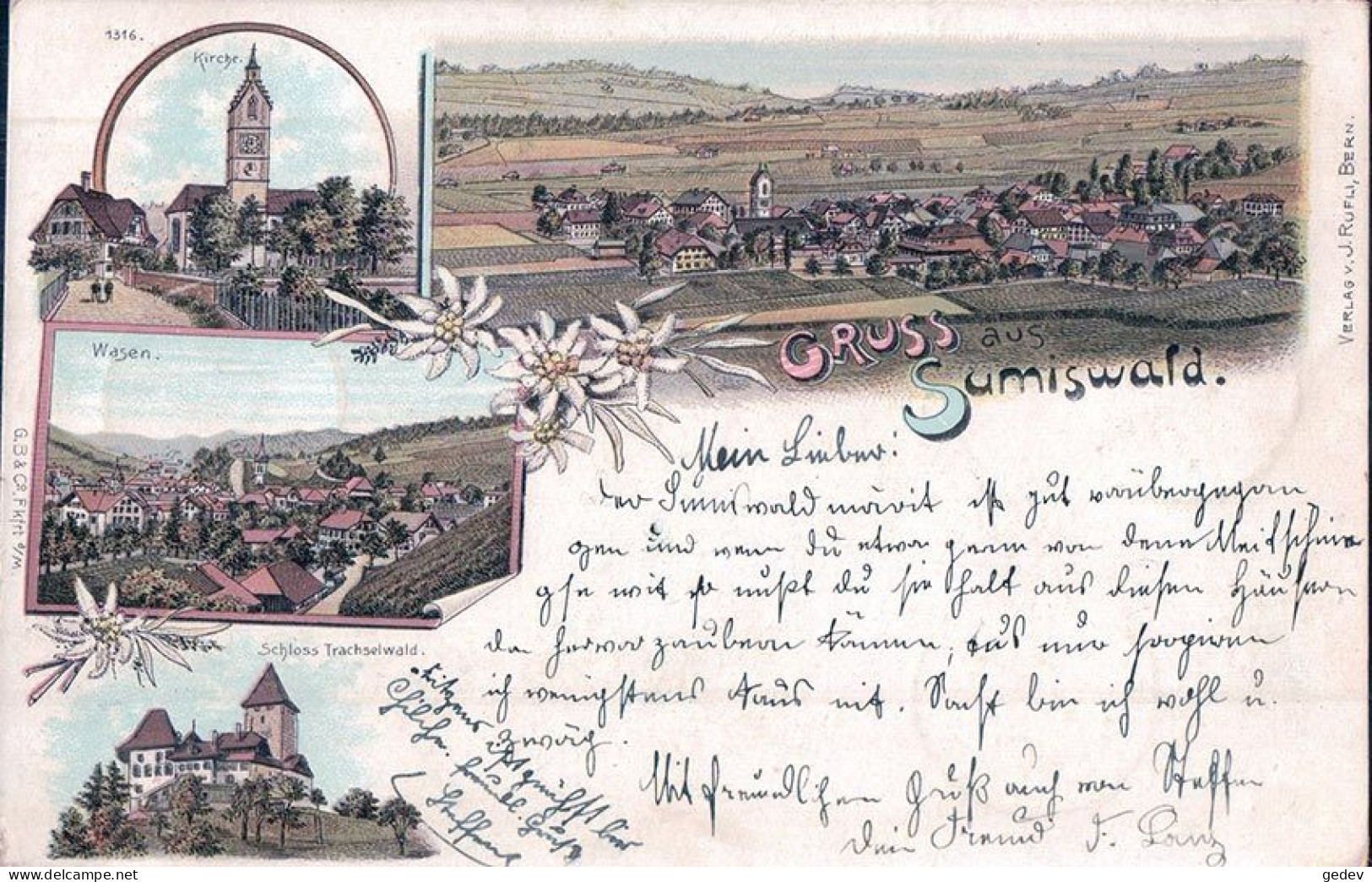 Gruss Aus Sumiswald BE, Litho 4 Vues Et Edelweiss (6.11.1898) - Sumiswald