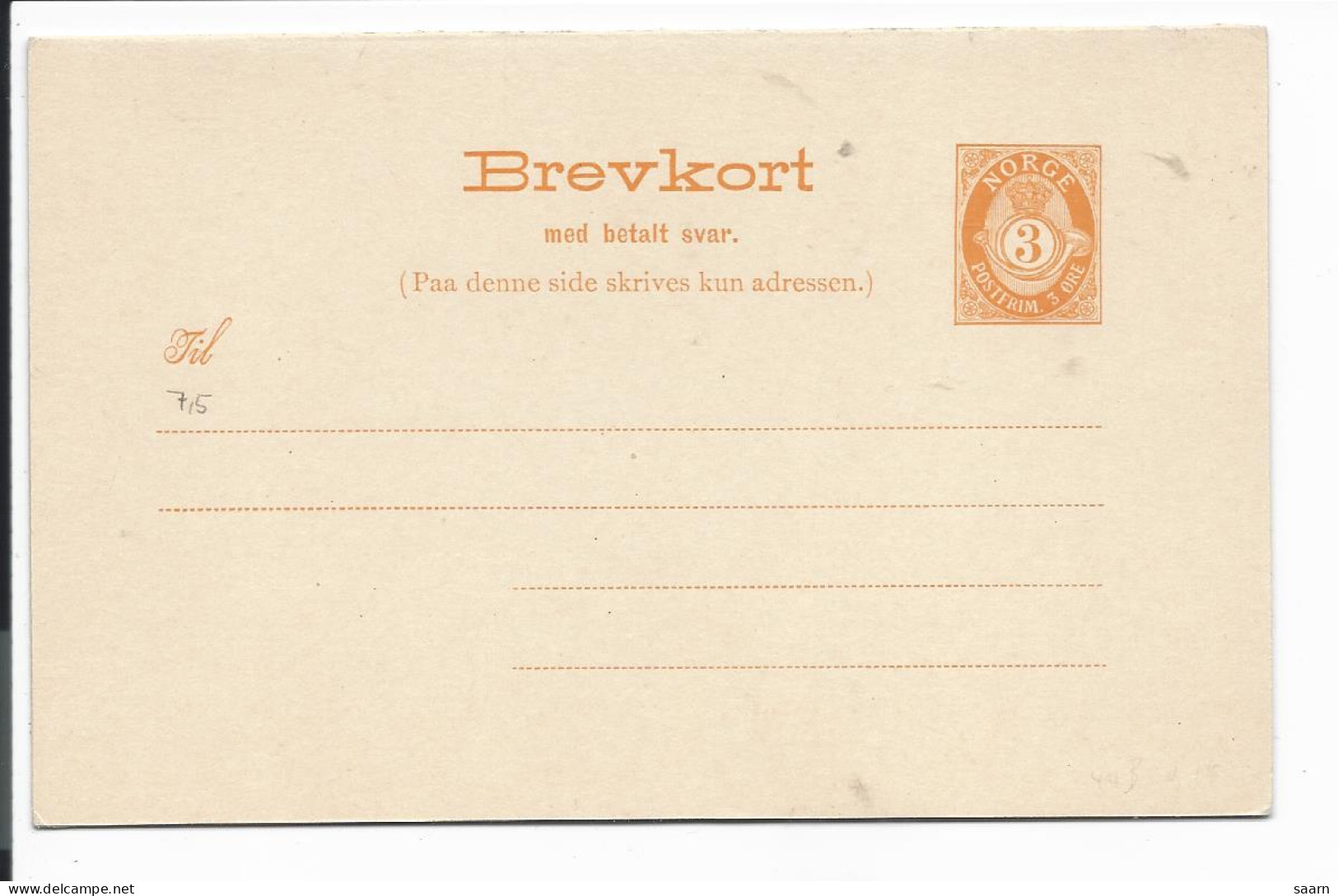 Norwegen P  50 I **  -  3 Öre Posthorn-Doppelkarte - Enteros Postales