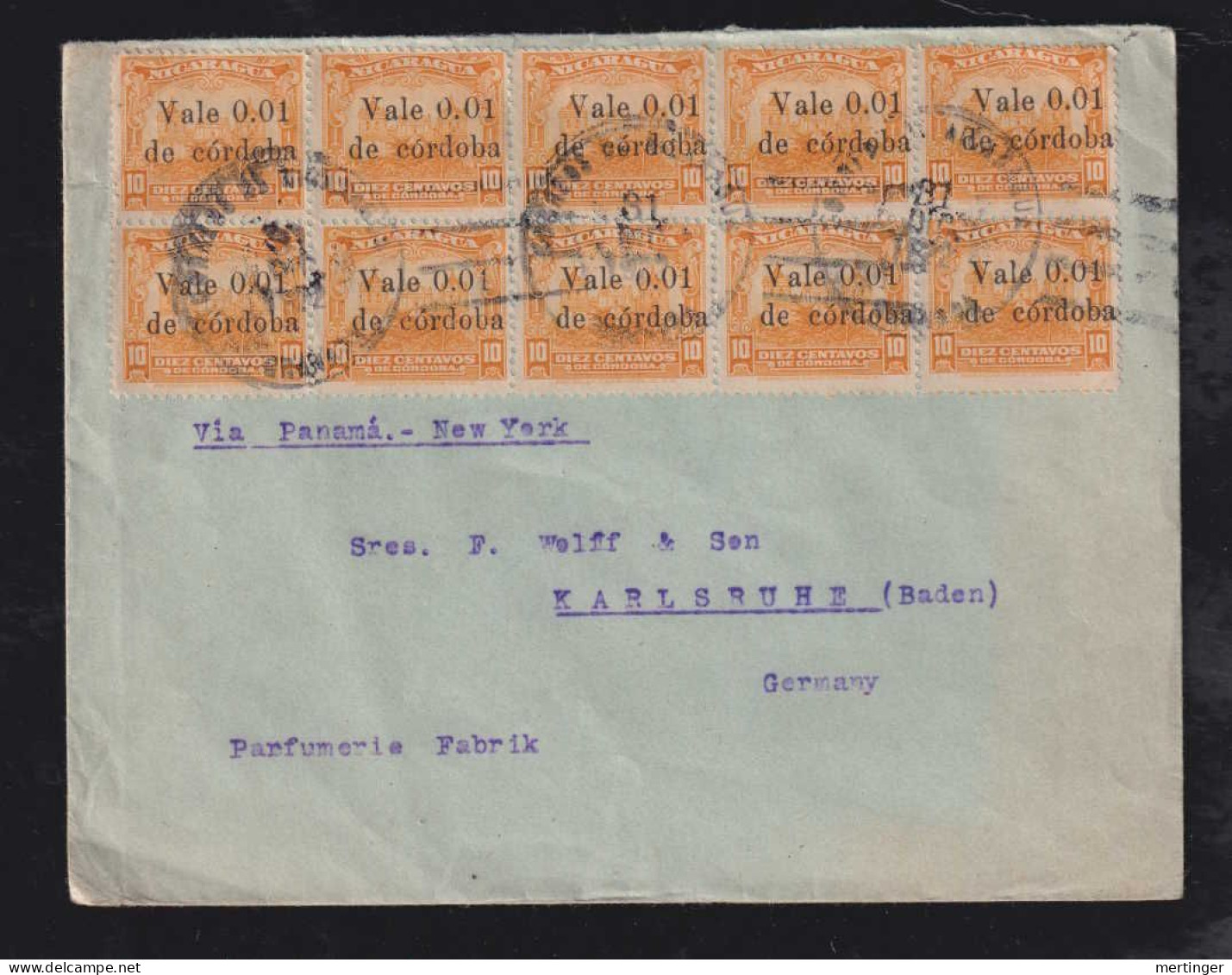 Nicaragua 1922 Cover 10x 1c Overprint GRANADA X KARLSRUHE Germany - Nicaragua