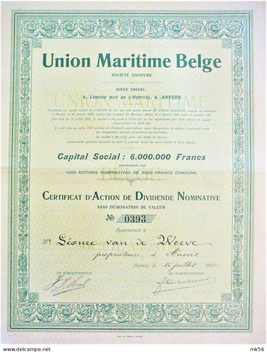 S.A. Union Maritime Belge - Certificat D' Action De Dividende Nominative (1920) Op Naam Van Léonce Van De Werve - Navegación