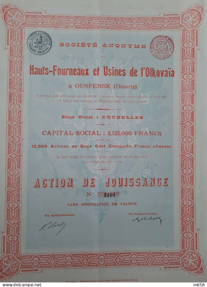 S.A. Hauts-Fourneaux Et Usines De L'Olkovaia (Ousp.)- Action De Jouissance (1899) - Russie