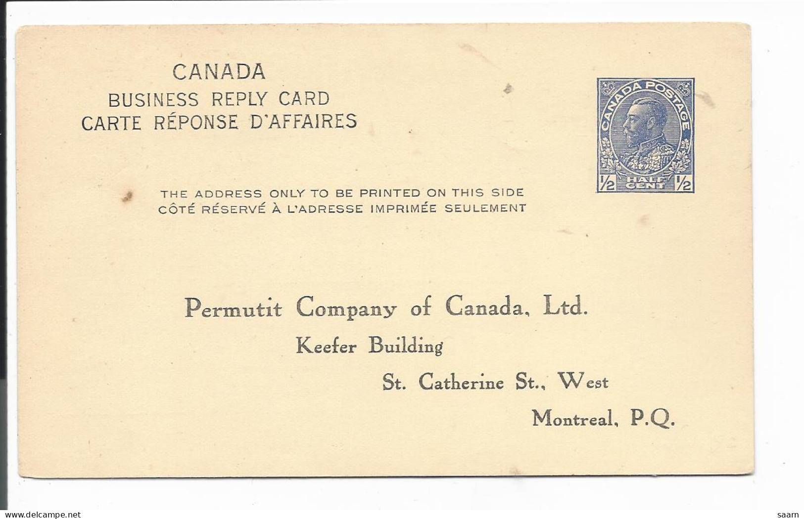 Canada P 69 ** -  1/2 Ct Edward Business Reply Card - 1903-1954 Reyes