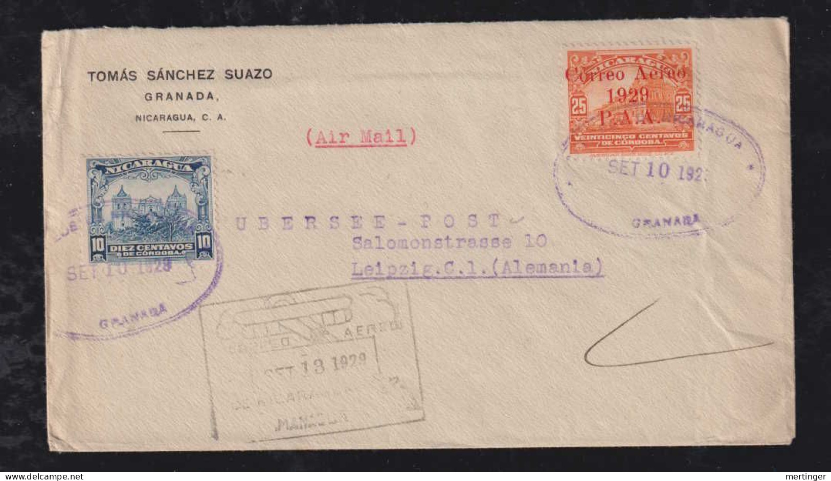 Nicaragua 1929 Airmail Cover GRANADA To LEIPZIG Germany PAA Pan American Overprint Stamps - Nicaragua