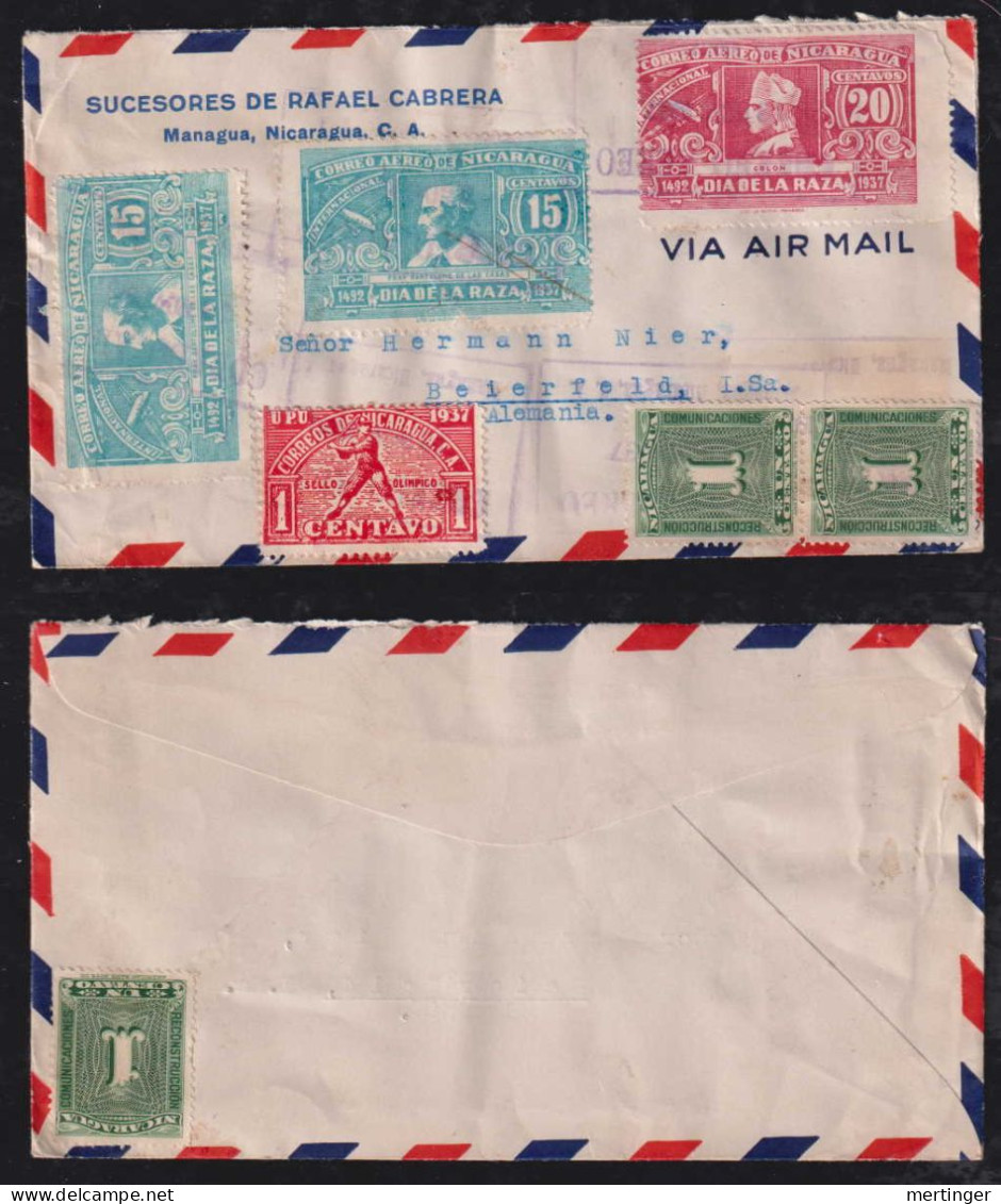 Nicaragua 1937 Airmail Cover MANAGUA To BEIERFELD Germany Olympia Baseball Stamp - Nicaragua