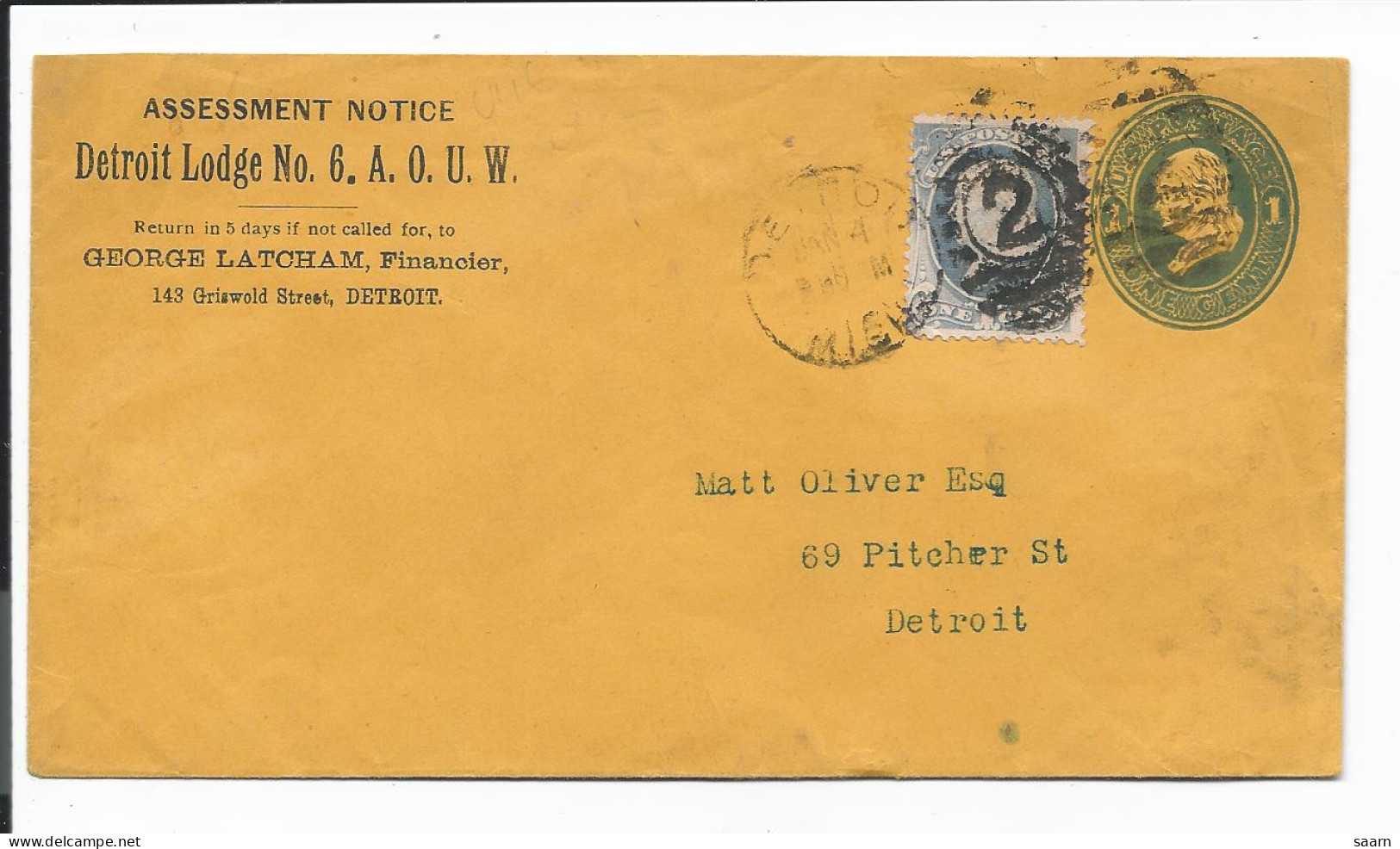 USA U 76 -  1 Ct Franklin Blau Umschlag Orange M. 1 Ct ZF In Detroit Bedarfsverwendet - ...-1900