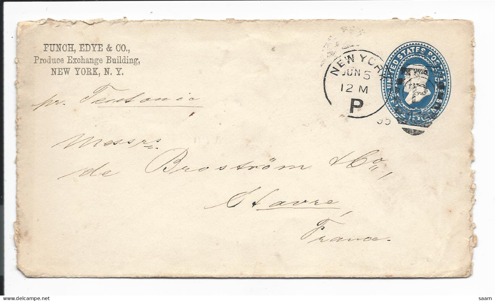 USA U 334 -  5 Ct Grant Umschlag M. Firmenabsenderzudruck V. New York Nach Le Havre Bedarfsverwendet - ...-1900