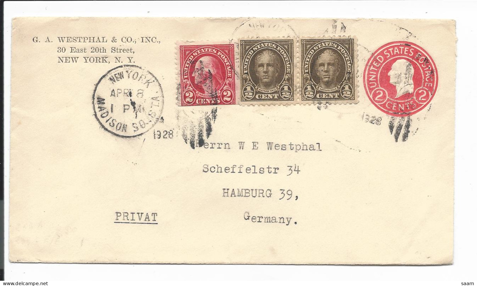 USA U 429 B - 2 Ct Washington Umschlag M. Firmenabsenderzudruck M. 3 Ct ZF V. New York Nach Hamburg Bedarfsverwendet - ...-1900