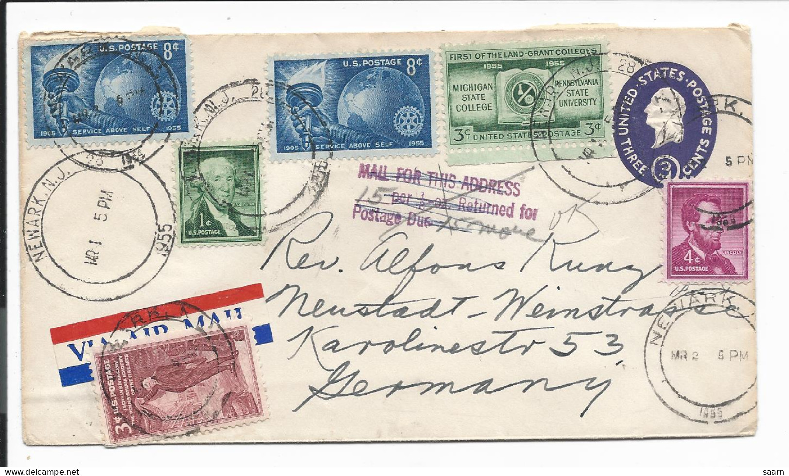 USA U 534 - 3 Ct Washington Umschlag M. 27 Ct ZF V. Newark Neustadt/Weinstr. Bedarfsverwendet, Nachgebühr Gestrichen - ...-1900