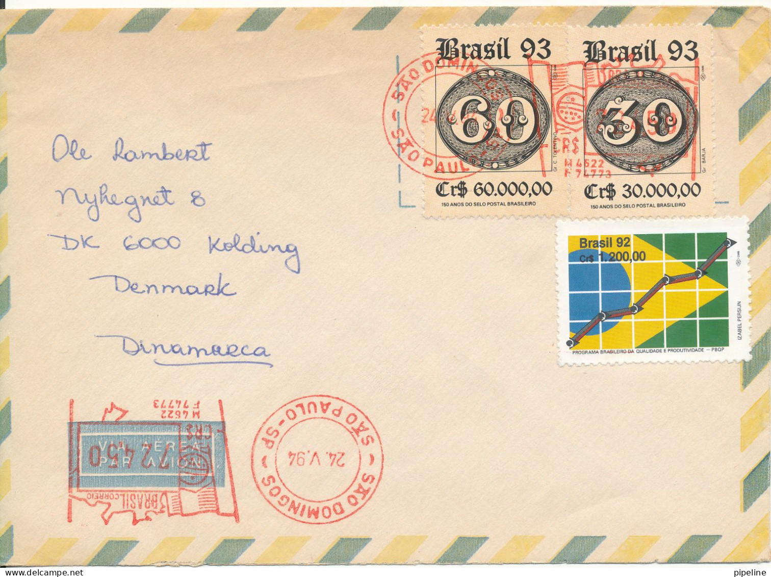 Brazil Air Mail Cover With Stamps And Meter Cancel Sent To Denmark 24-5-1994 - Poste Aérienne