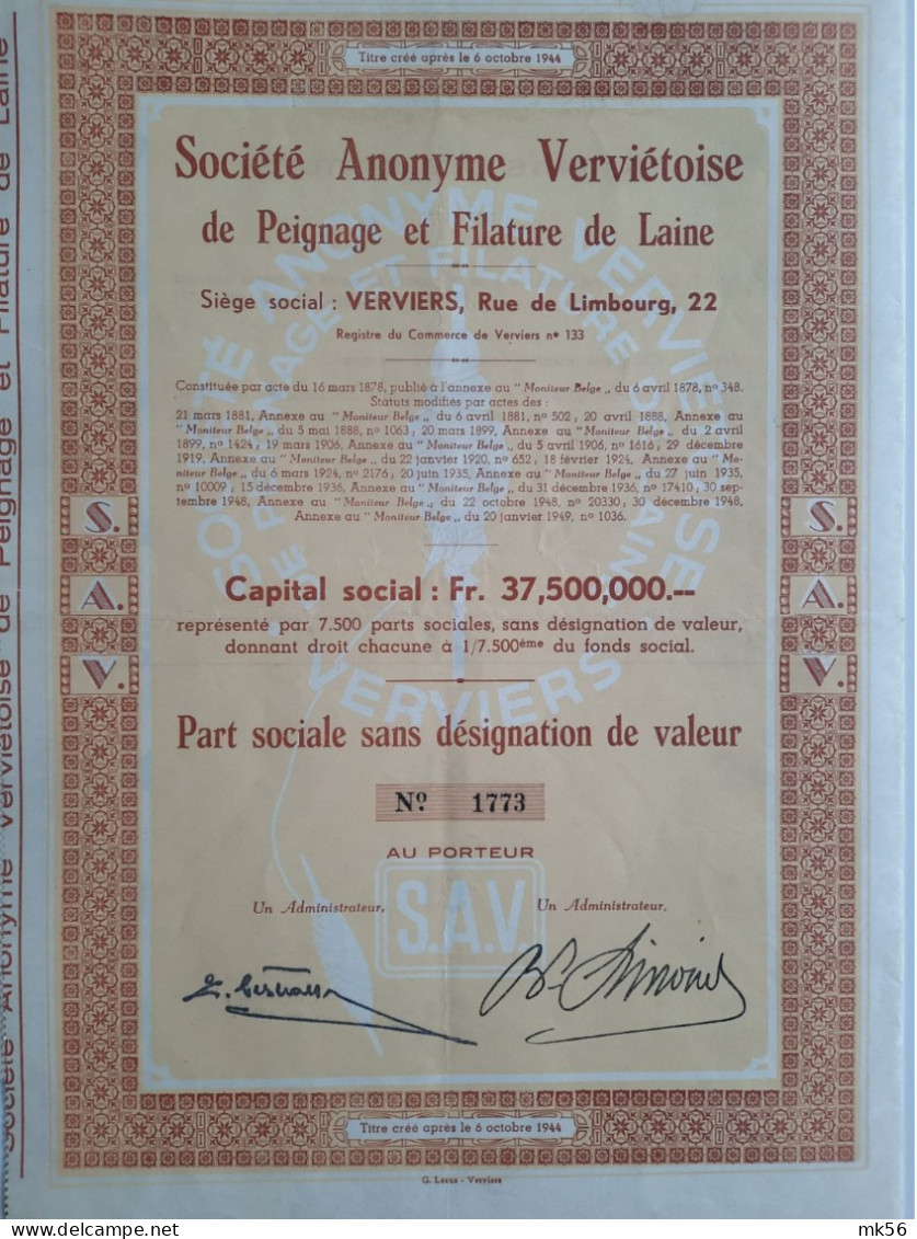 S.A. Verviétoise De Peignage Et Filature De Laine - 1948 - Textile