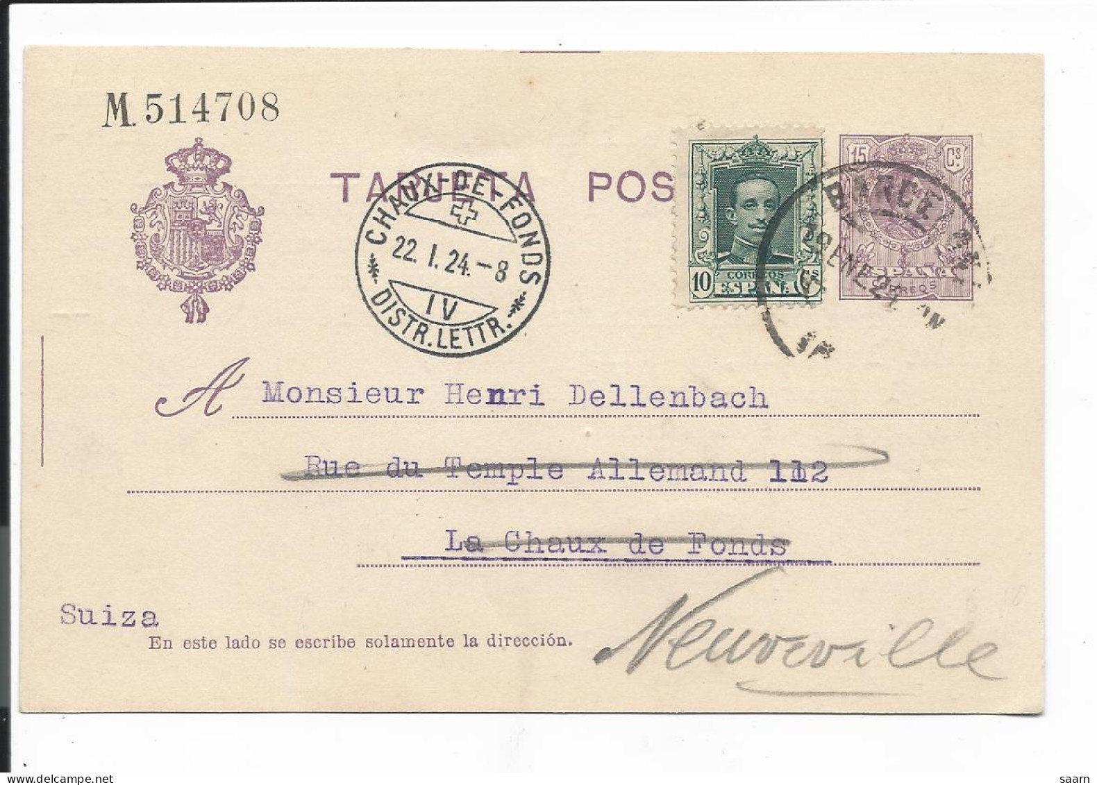 Spanien P 59 - 15 Ct. Alfons  M. 10 Ct ZF Von Barcelona In Die Schweiz Bedarfsverwendet Nachgesandt - 1850-1931