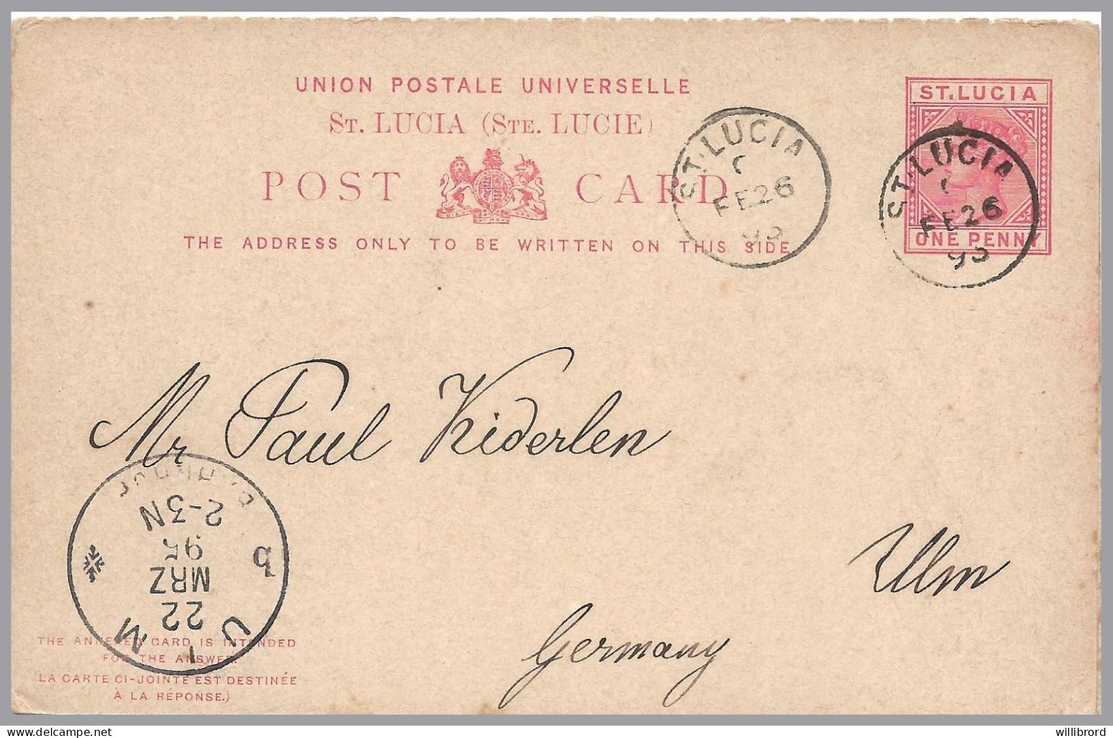 GREAT BRITAIN - ST. LUCIA - 1895 1d+1d QV Postal Stationery Card With Paid Reply - Used To Ulm, Germany - Lettres & Documents