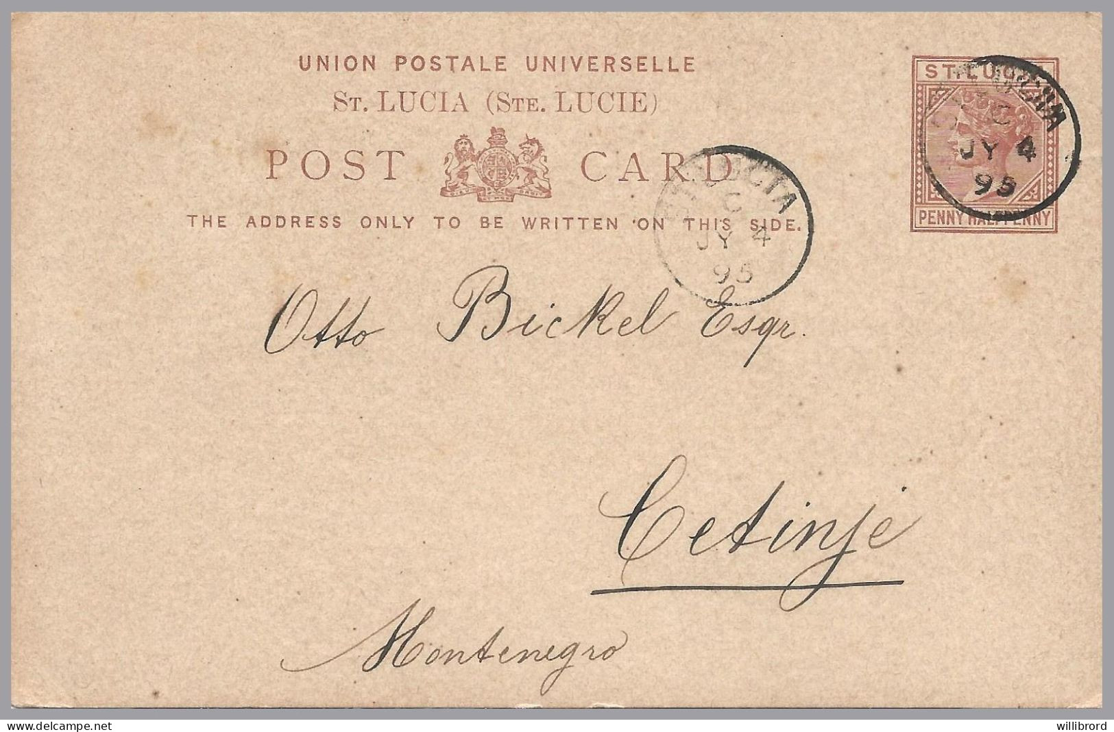 GREAT BRITAIN - ST. LUCIA - 1895 1½d QV Postal Stationery Card - Used To Cetinje, MONTENEGRO - Lettres & Documents