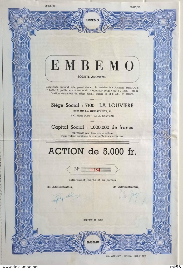 Embemo - La Louvière - Action De 5000 Fr - 1981 - Autres & Non Classés