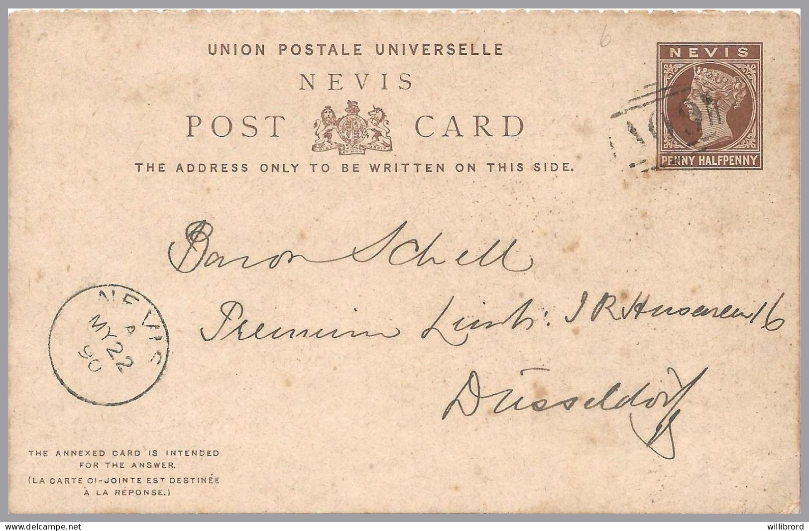 GREAT BRITAIN - NEVIS - 1890 1½d+1½d QV Postal Stationery Card With Paid Reply - Used To Dusseldorf, GERMANY - Cartas & Documentos