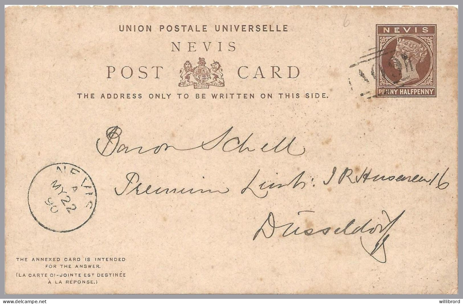 GREAT BRITAIN - NEVIS - 1890 1½d+1½d QV Postal Stationery Card With Paid Reply - Used To Dusseldorf, GERMANY - Brieven En Documenten