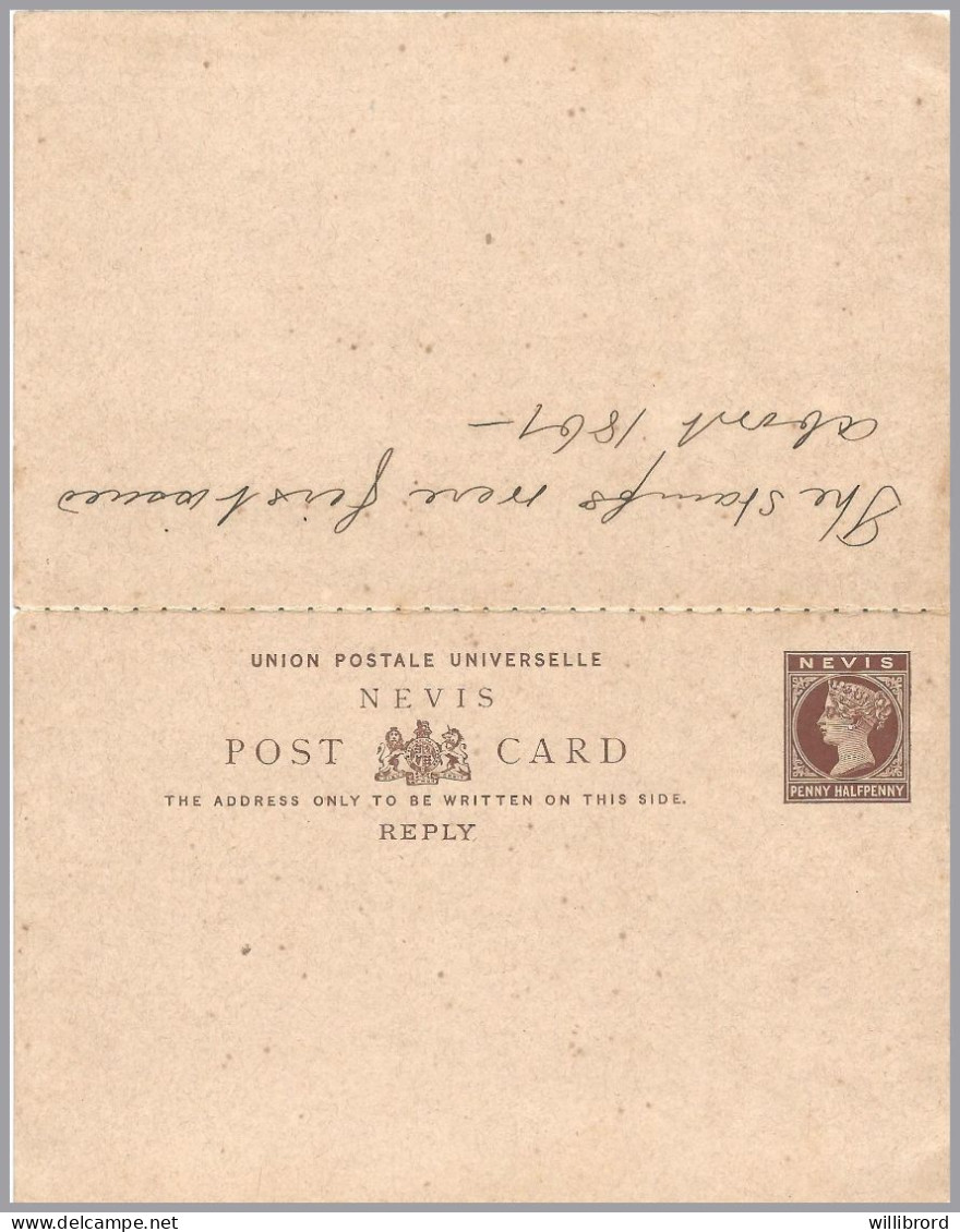 GREAT BRITAIN - NEVIS - 1890 1½d+1½d QV Postal Stationery Card With Paid Reply - Used To Dusseldorf, GERMANY - Covers & Documents