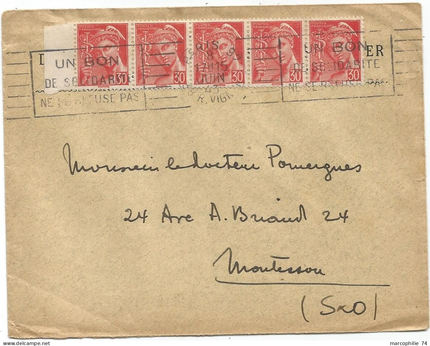 MERCURE 30C POSTES BANDE DE 5 BDF LETTRE MEC PARIS 1943 AU TARIF - 1938-42 Mercurio