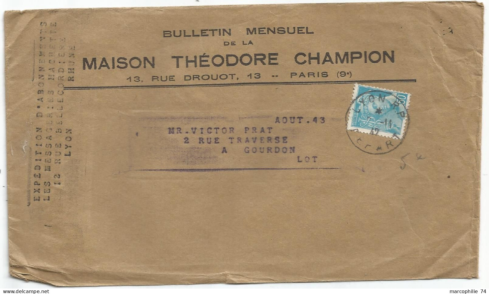 MERCURE 50C  POSTES SEUL  LETTRE MEC LYON 2.11.1942 AU TARIF IMPRIME - 1938-42 Mercurius