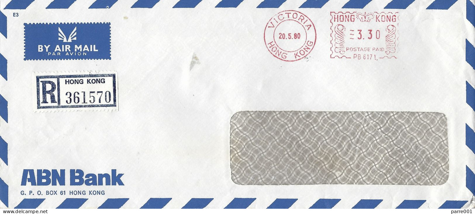 Hong Kong 1980 Victoria Meter Pitney Bowes-GB “6300” PB6171 ABN Bank Registered Cover - Briefe U. Dokumente