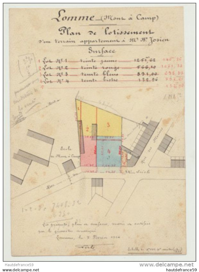 RARE Ancien Plan Original De Géomètre 1914 Commune LOMME Mont à Camp Plan Lotissement Signé Perte Géomètre Prop JOSIEN - Topographische Karten