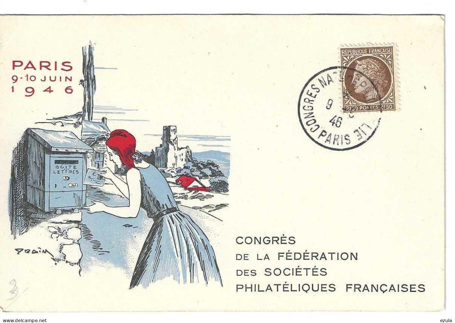 Congrè Nationale De Philatélie Paris Le 9/10 Juin 1946 - Carte Souvenir RRR - Esposizioni Filateliche