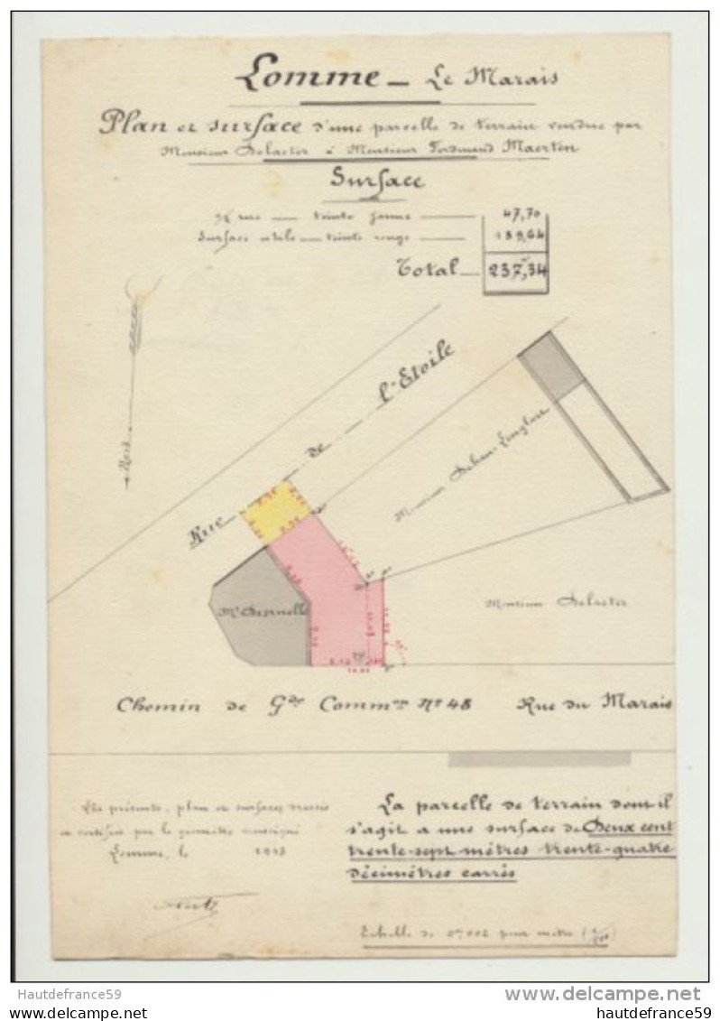 RARE Ancien Plan Original De Géomètre 1913 Commune LOMME Le Marais Plan & Surface Signé Perte Géomètre Prop F.MAERTEN - Mapas Topográficas