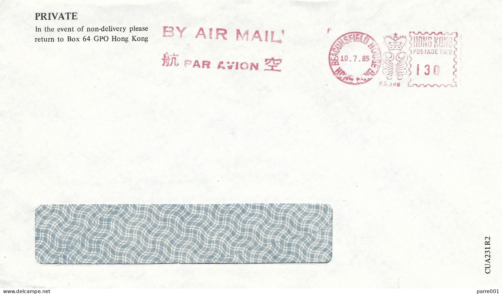 Hong Kong 1985 Beaconsfield House Meter Pitney Bowes “RF” PB748 Cover. Scarce - Covers & Documents