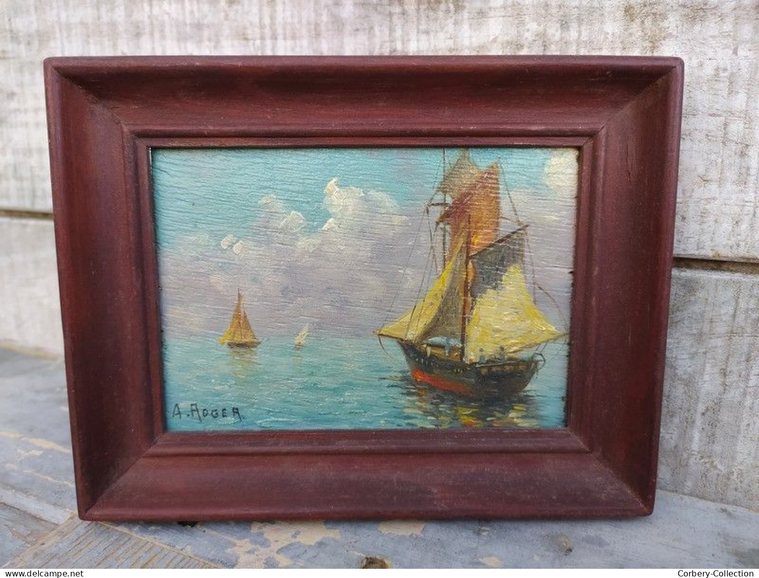 Tableau Peinture Miniature Marine Voilier Signée A. Roger - Oils