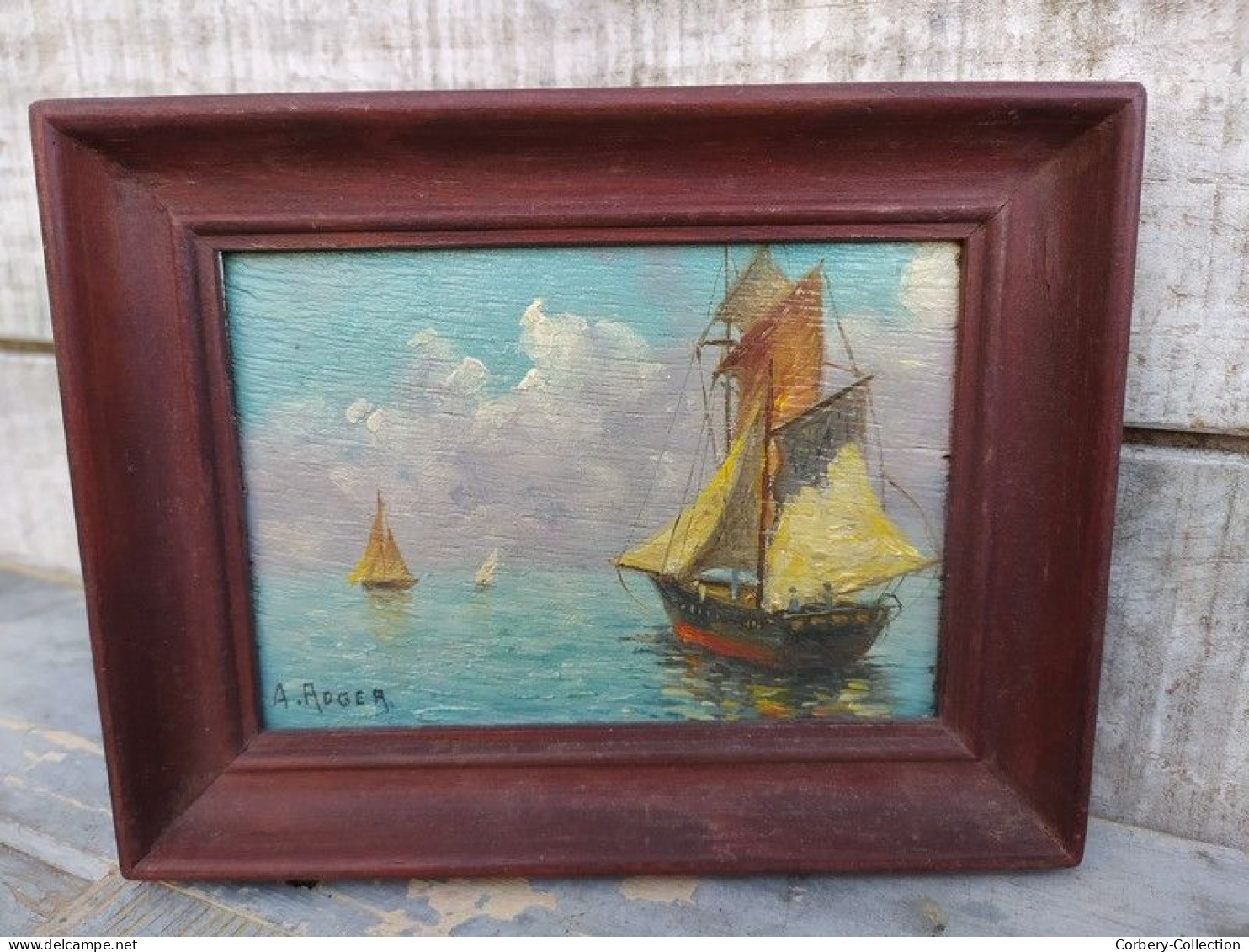 Tableau Peinture Miniature Marine Voilier Signée A. Roger - Olieverf