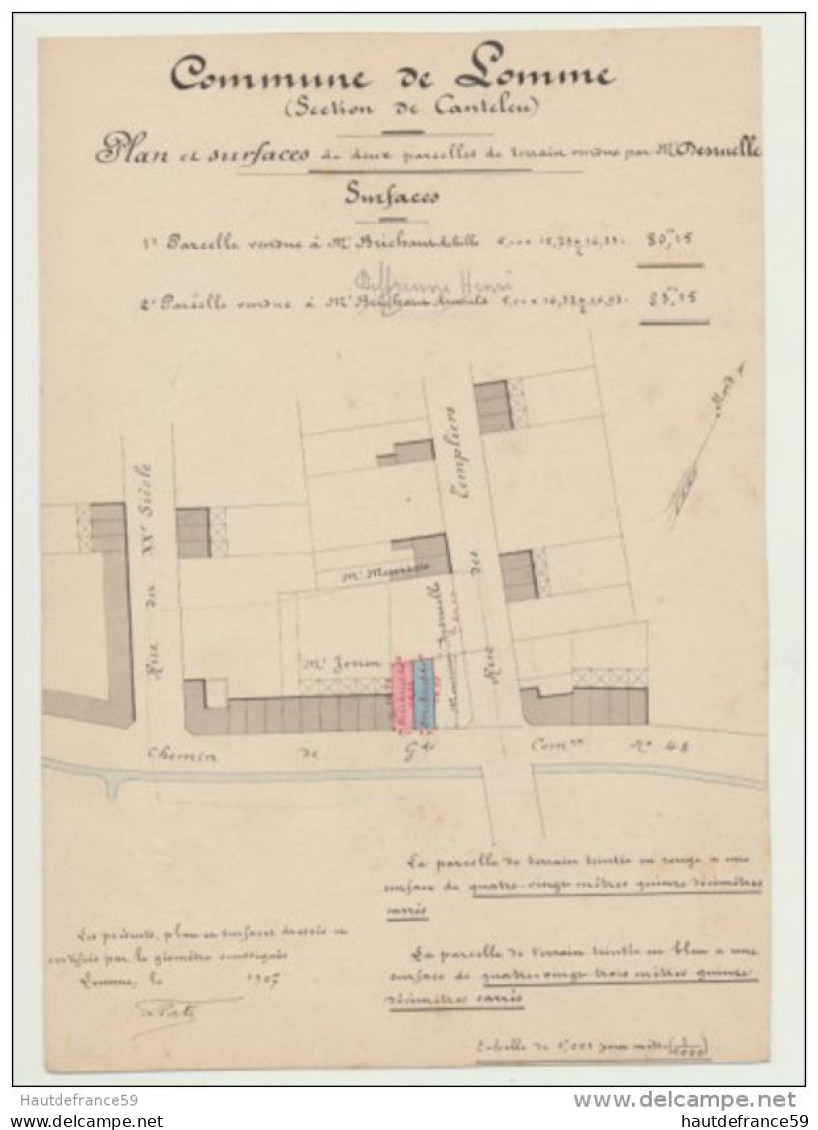 RARE Ancien Plan Original De Géomètre 1907 Commune LOMME CANTELEU Plan & Surface Signé Perte Géomètre Prop DESRUELLE - Topographische Kaarten