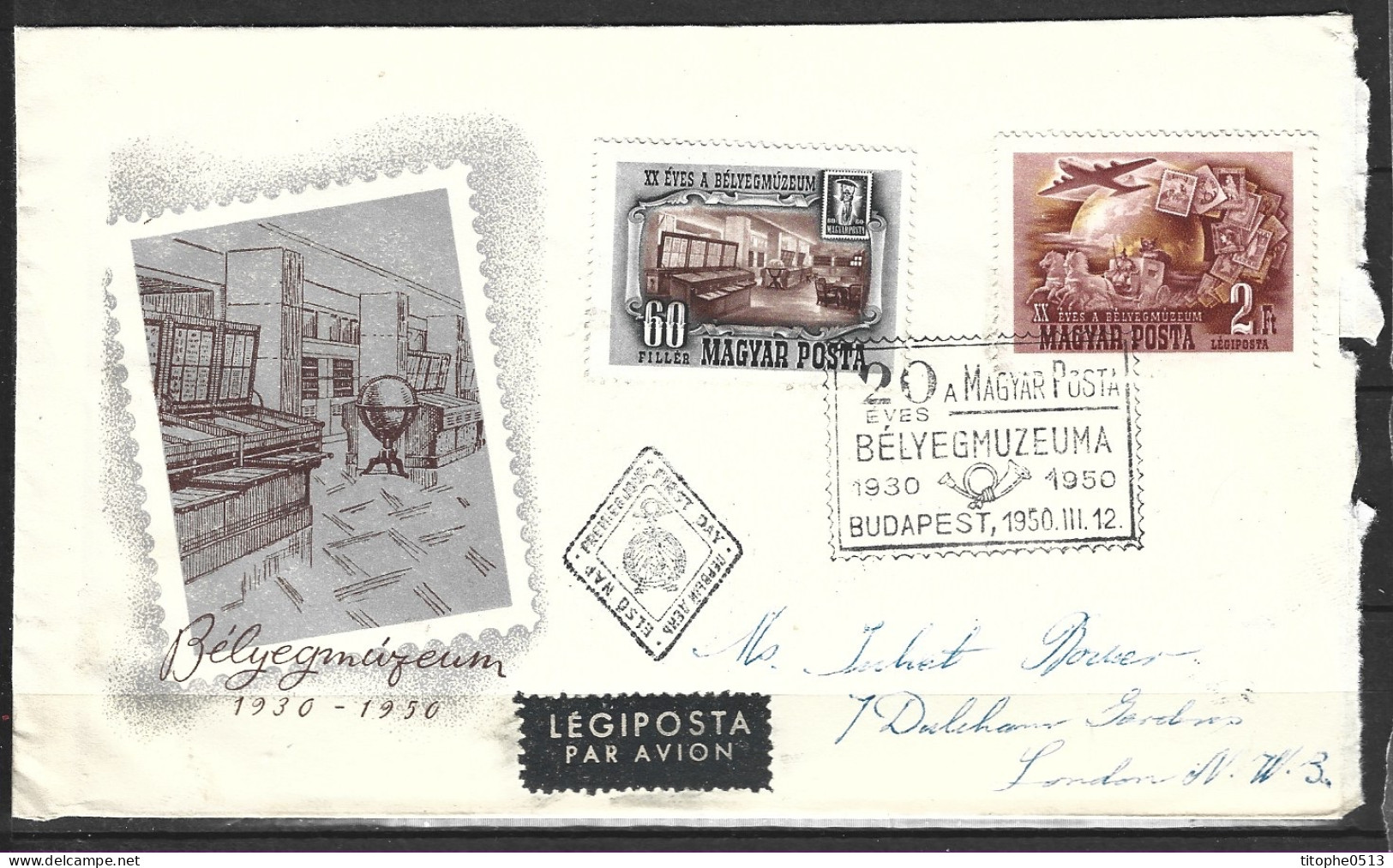 HONGRIE. N°941 & PA 94 De 1950 Sur Enveloppe 1er Jour Ayant Circulé. Musée Postal. - FDC