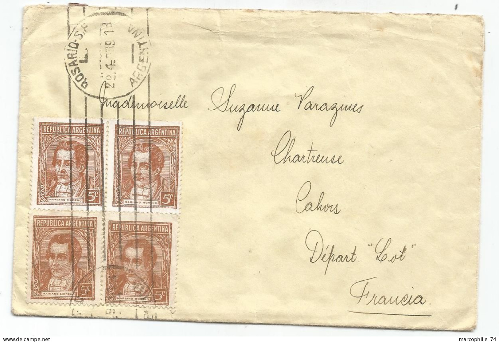 ARGENTINA 5C BLOC DE 4 LETTRE COVER ROSARIO 1939 TO CAHORS LOT - Briefe U. Dokumente